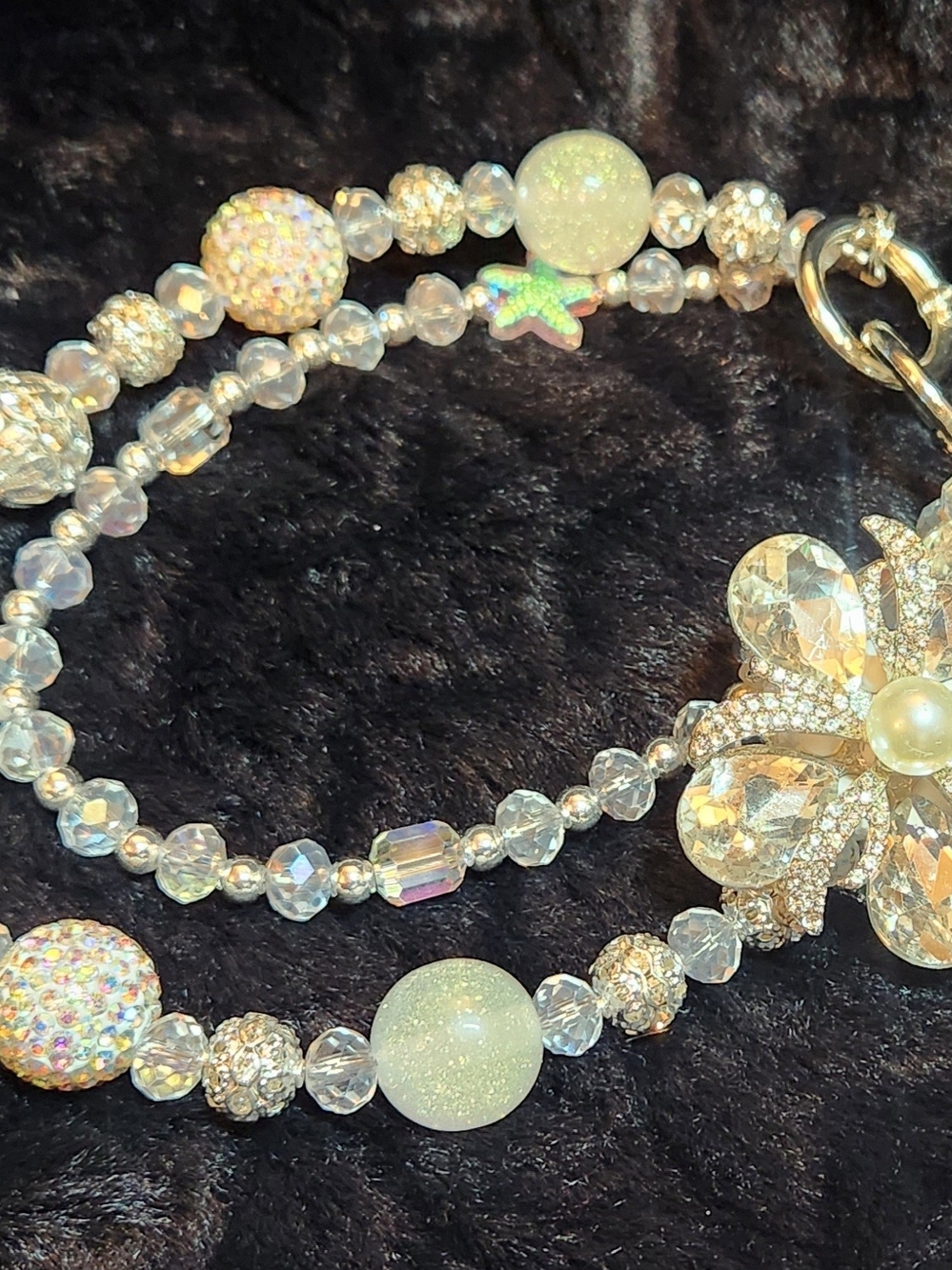 Iridescent White Crystal Beaded Floral Phone / Purse Charm
